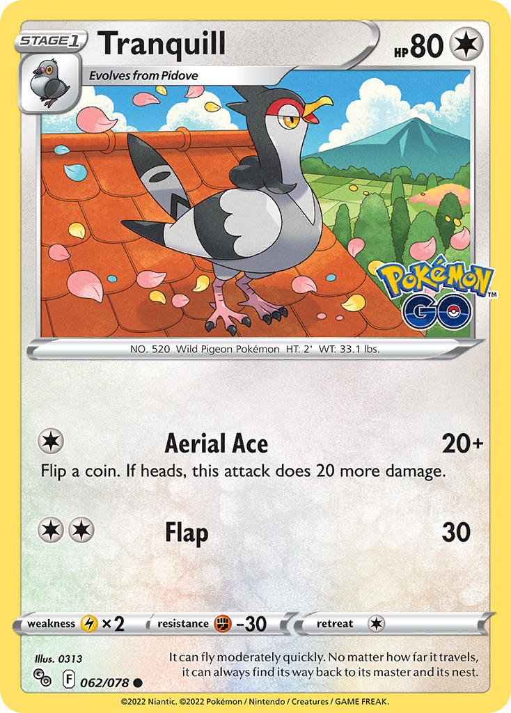 Tranquill 062/078 Common Reverse Holo Pokemon GO NM/LP