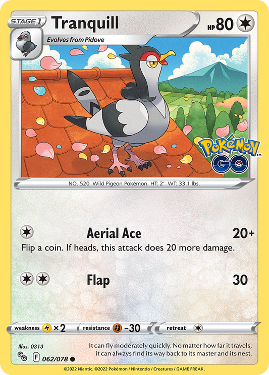 Tranquill 062/078 Common Reverse Holo Pokemon GO NM/LP