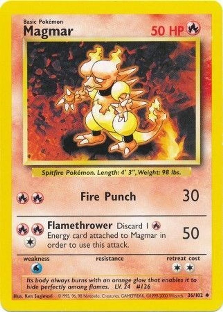 Magmar 36/102 Uncommon Base Set Unlimited NM/M