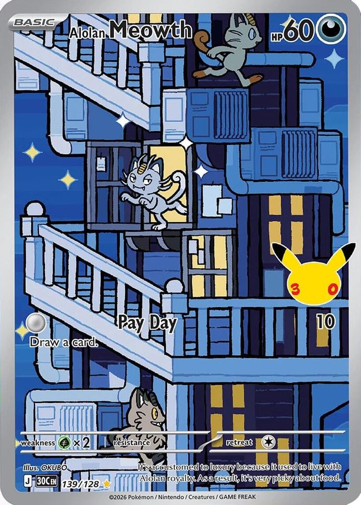 Alolan Meowth 139/128 Illustration Rare ME: 30th Celebration Holo NM/M
