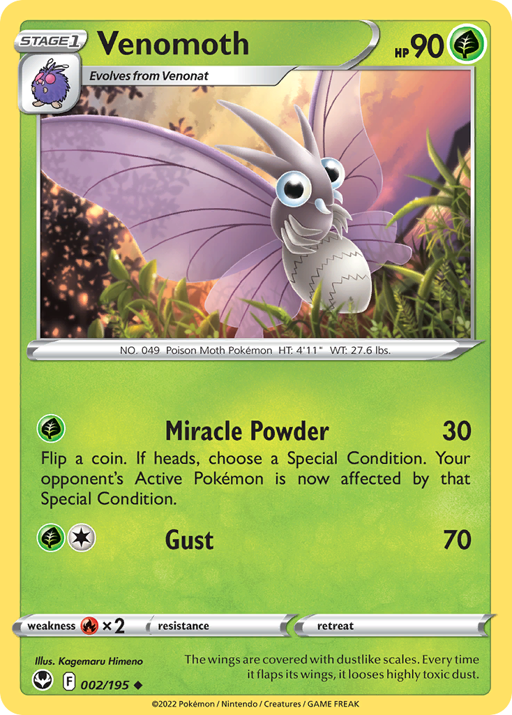 Venomoth 002/195 UnCommon Reverse Holo Reverse Holo Silver Tempest NM/LP