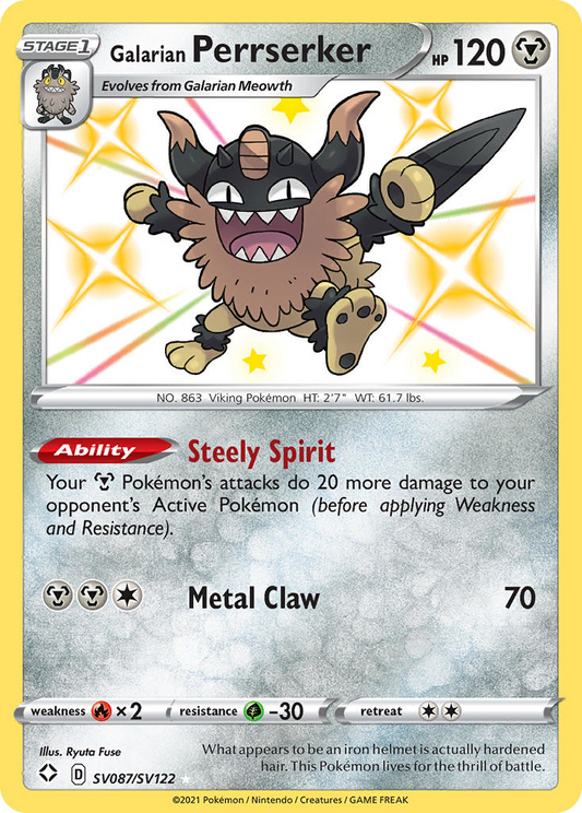 Galarian Perrserker SV087/SV122 Shiny Rare Shining Fates Shiny Vault NM/M