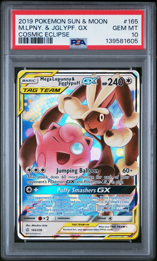 PSA 10 2019 POKEMON SUN & MOON COSMIC ECLIPSE #165 M.LPNY. & JGLYPF. GX COSMIC ECLIPSE 139581605