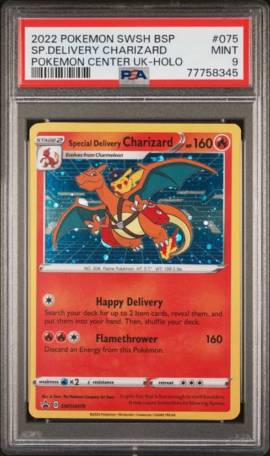 PSA 9 2022 POKEMON SWSH BLACK STAR PROMO #075 SP.DELIVERY CHARIZARD POKEMON CENTER UK-HOLO
