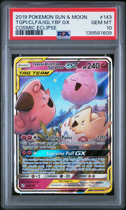 PSA 10 2019 POKEMON SUN & MOON COSMIC ECLIPSE #143 TOGEPI/CLEFFA/IGGLYBUFF GX COSMIC ECLIPSE 139581609
