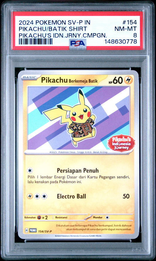 PSA 8 2024 POKEMON INDONESIAN SV-P PROMO #154 PIKACHU/BATIK SHIRT PIKACHU'S IDN.JRNY.CMPGN. 148630778