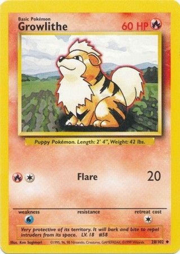 Growlithe 28/102 Uncommon Base Set Unlimited NM/M