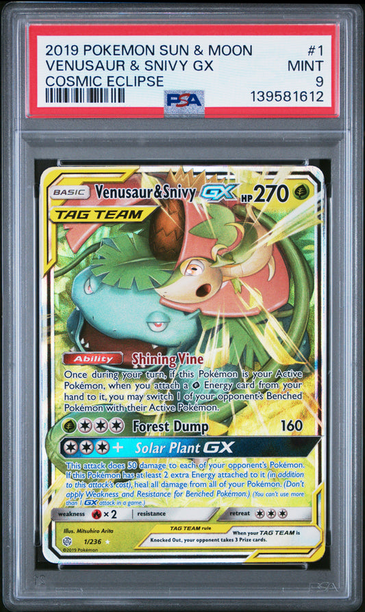 PSA 9 2019 POKEMON SUN & MOON COSMIC ECLIPSE #1 VENUSAUR & SNIVY GX COSMIC ECLIPSE 139581612