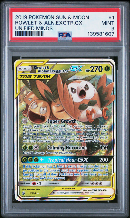 PSA 9 2019 POKEMON SUN & MOON UNIFIED MINDS #1 ROWLET & ALOLAN EXEGGUTOR UNIFIED MINDS 139581607