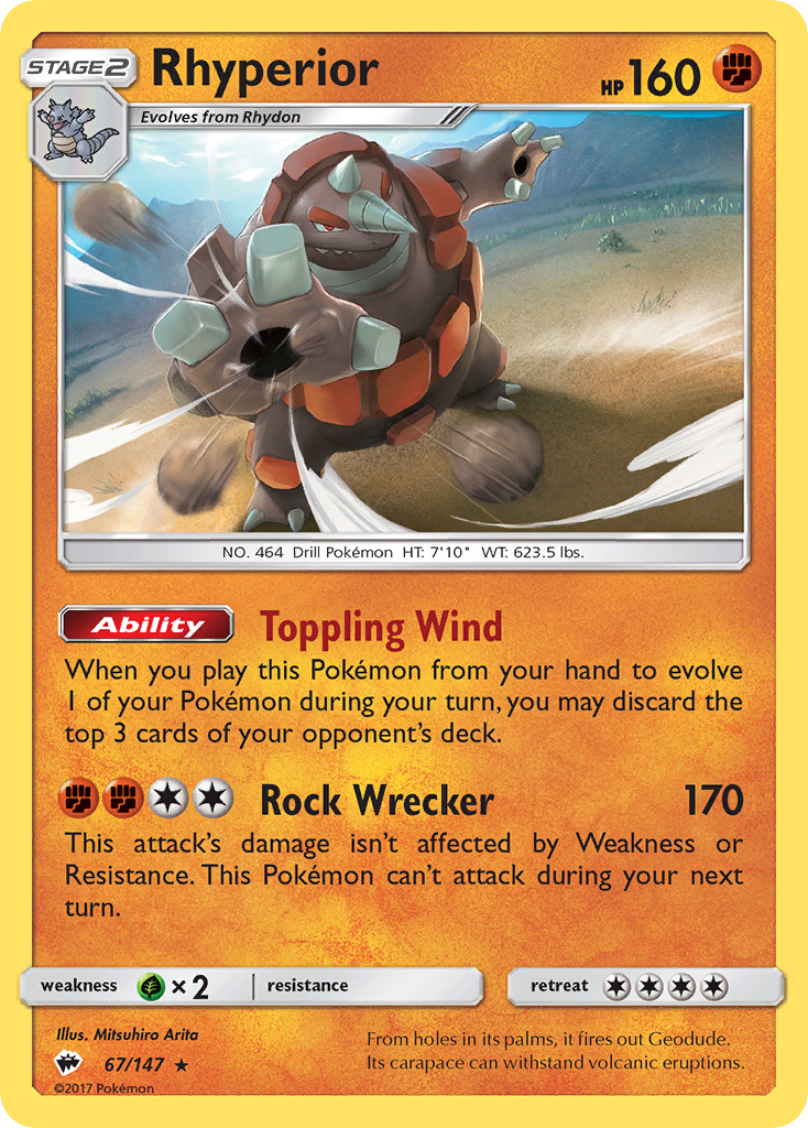 Rhyperior 67/147 Rare Reverse Holo Burning Shadows NM/LP