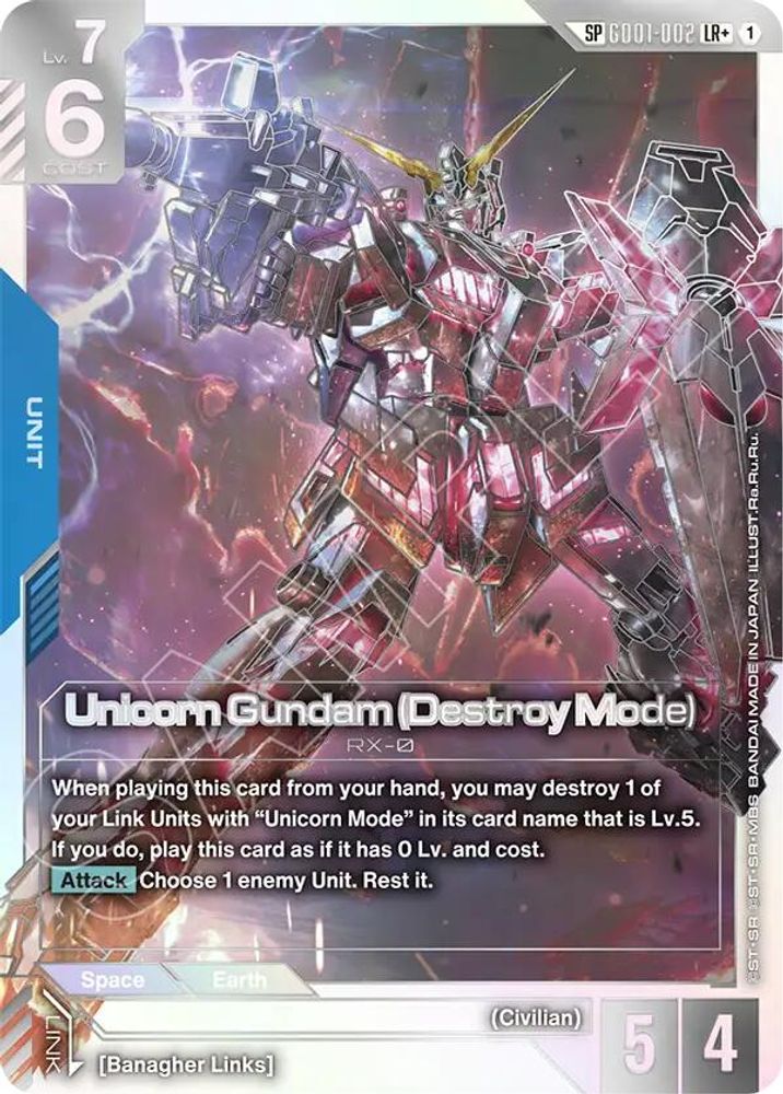 Unicorn Gundam (Destroy Mode) (SP) (LR+) GD01-002 LR+ Holo Phantom Aria NM/M