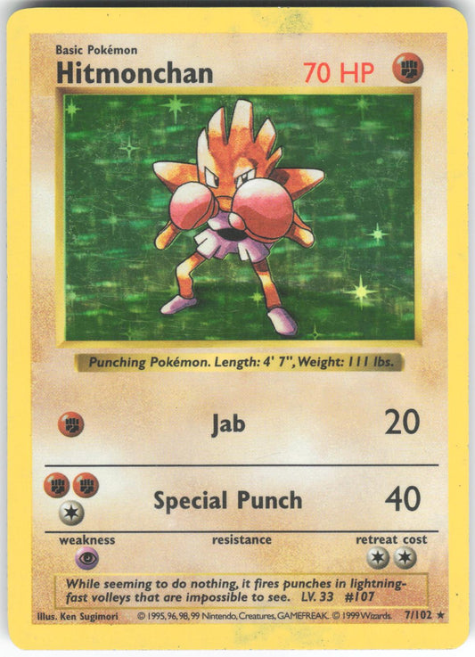Hitmonchan 7/102 Holo Rare Base Set Shadowless Unlimited HP
