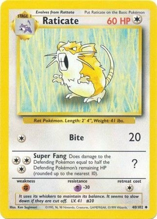 Raticate 40/102 Uncommon Base Set Unlimited NM/M