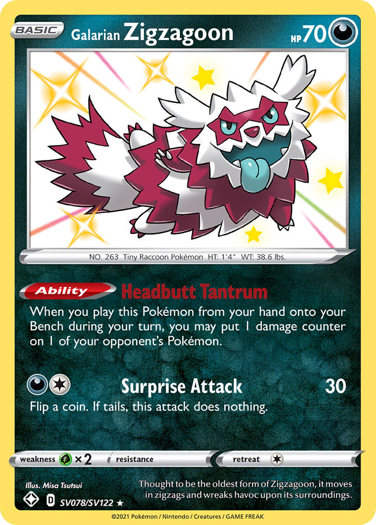 Galarian Zigzagoon SV078/SV122 Shiny Rare Shining Fates Shiny Vault NM/M