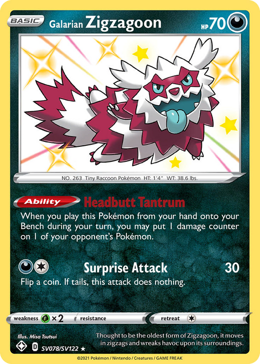 Galarian Zigzagoon SV078/SV122 Shiny Rare Shining Fates Shiny Vault NM/M