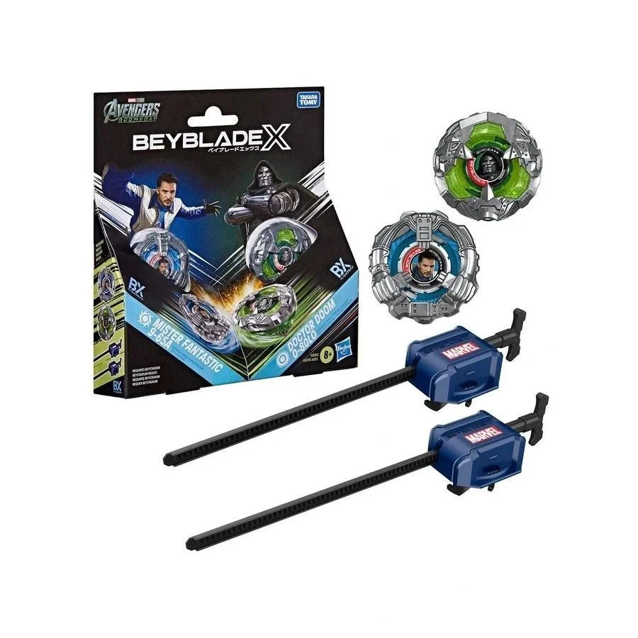 Beyblade X and Marvel Collab Doctor Doom 0-80LO vs. Mister Fantastic 9-65A