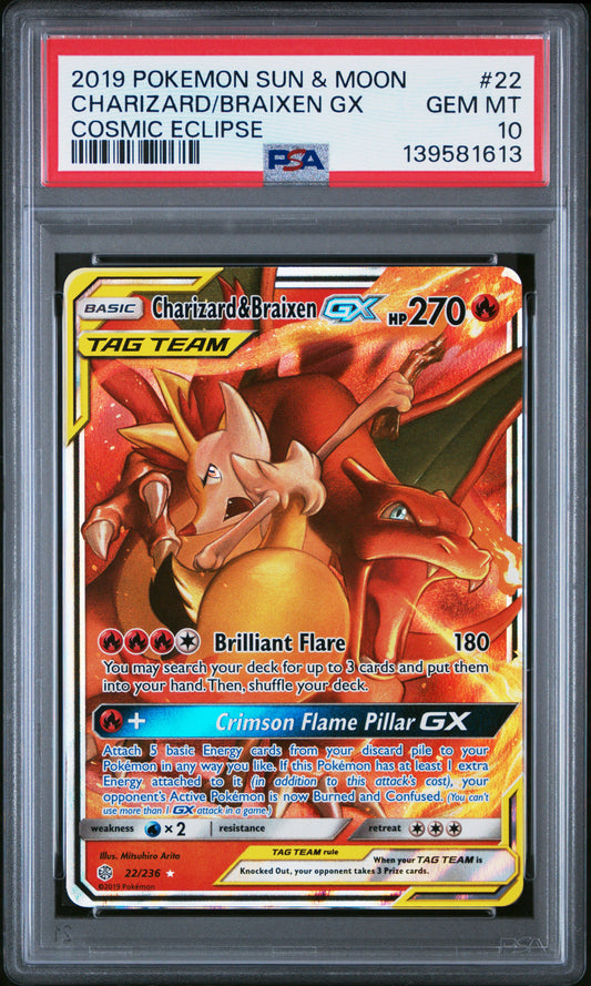 PSA 10 2019 POKEMON SUN & MOON COSMIC ECLIPSE #22 CHARIZARD/BRAIXEN GX COSMIC ECLIPSE 139581613