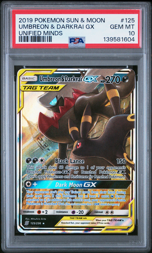 PSA 10 2019 POKEMON SUN & MOON UNIFIED MINDS #125 UMBREON & DARKRAI GX UNIFIED MINDS 139581604