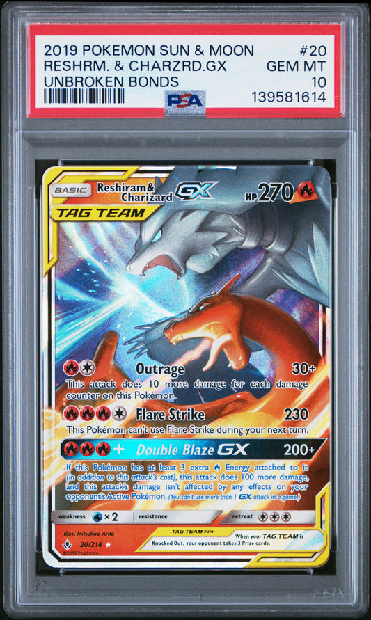 PSA 10 2019 POKEMON SUN & MOON UNBROKEN BONDS #20 RESHIRAM & CHARIZARD GX UNBROKEN BONDS 139581614